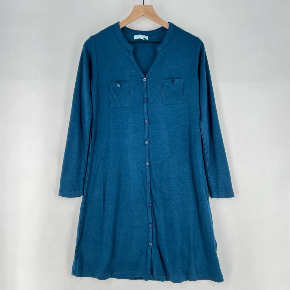 She + Sky Soft Knit Button Front A-Line Dress Roll Tab Long Sleeve Split Neck